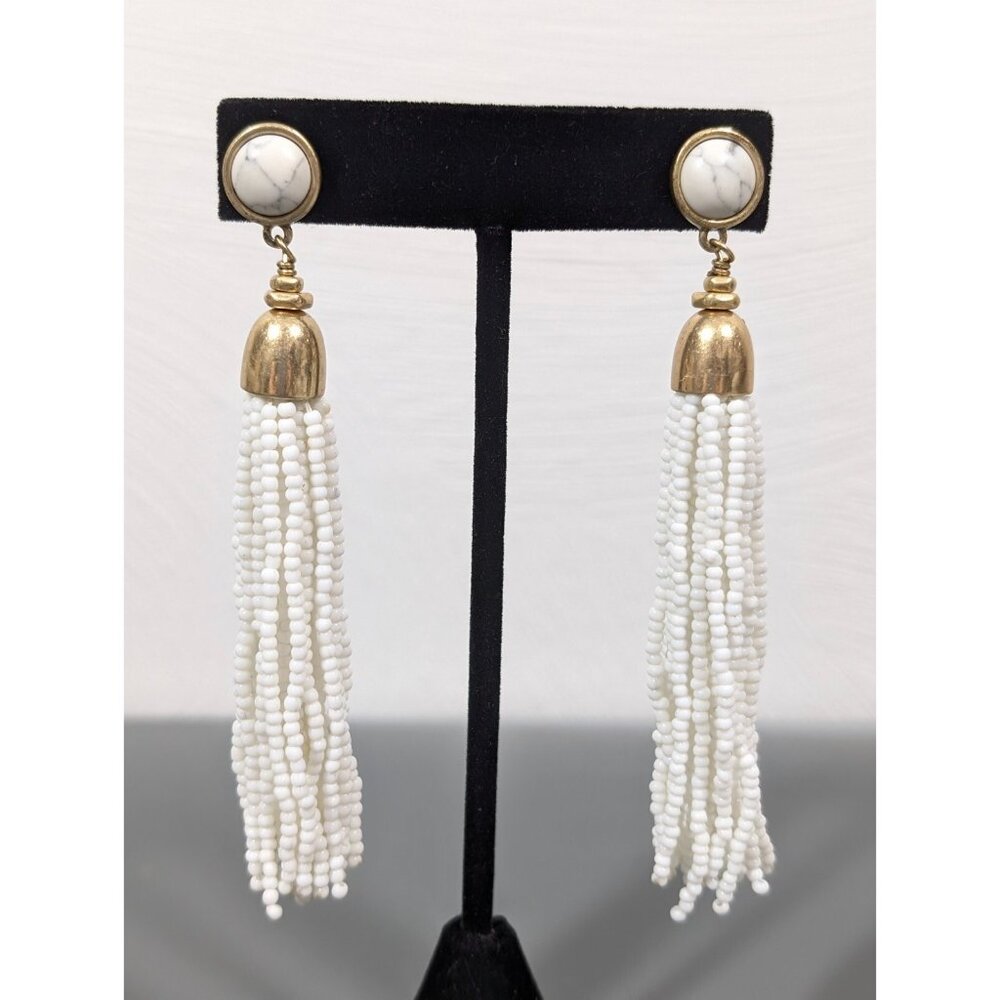 Stella & Dot Gita Tassel Earrings Long Beaded White Marble Stone Boho